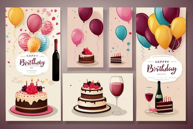 Photo happy birthday greeting vector poster set template birthday invitation card with cake