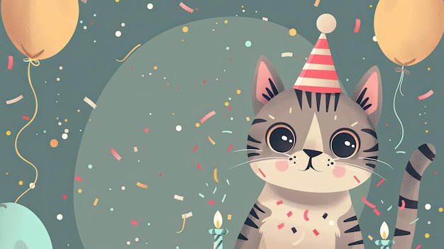 Happy birthday illustration with cute cat in a birthday hat with balloons