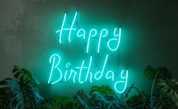 Happy birthday neon sign with plants in front