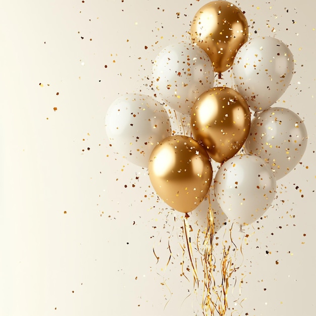 Photo a happy birthday party banner with shimmering golden and white balloons