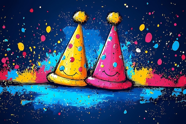 Photo happy birthday party hats with confetti background