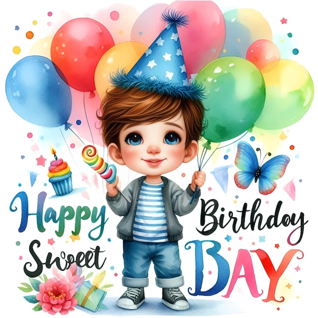 Photo happy birthday pastel watercolor painting illustration greeting card boy child cute beautiful lovely