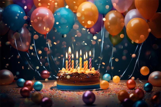 Happy birthday with balloon and cake background