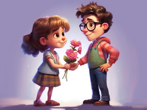 Happy birthday to you greeting card funny character boy gives flowers to funny cute girl