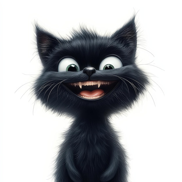 Photo happy black cat with big eyes and grinning teeth