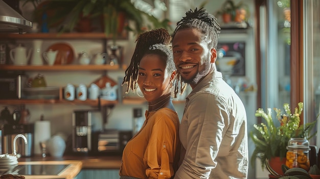 Photo happy black couple posing in the kitchen of their home