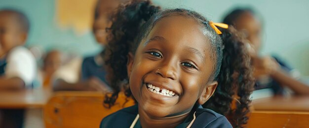 A happy black elementary student using a touchpad in class her face glowing with focus