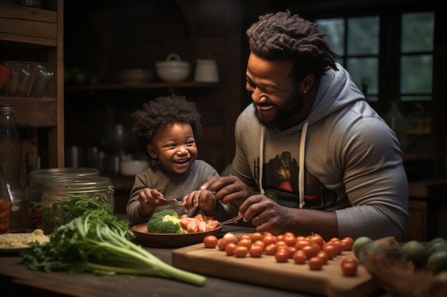 Happy black family cooking and enjoying a nutritious breakfast together in their kitchen