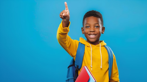 Happy black kid pointing up while standing in blue studio with school copybooks