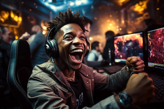 happy black male esport player laughs and is happy to win the online games cybersport championship