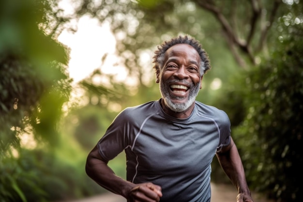 Happy black man running in park with music Smiles and simulations in nature Park and exercise