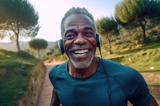 Happy black man running in park with music Smiles and simulations in nature Park