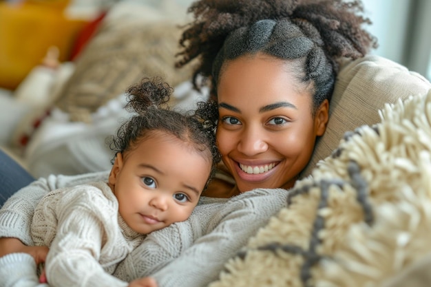 Photo happy black mother playing with daughter lying on sofa