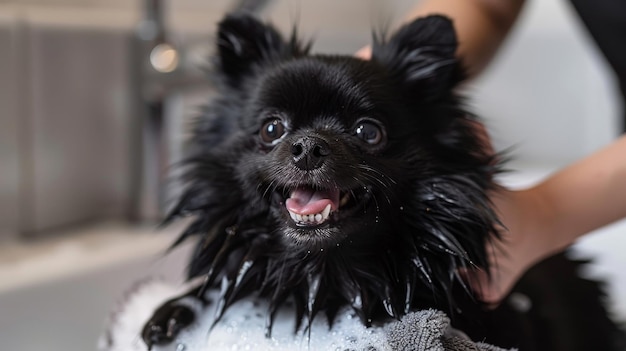 Happy black Pomeranian puppy dog enjoying a bath with bubbles and gentle grooming