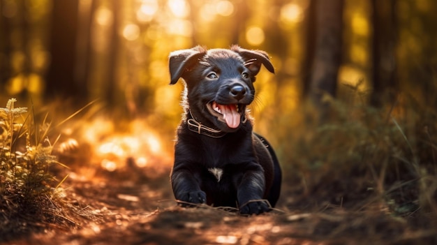 Happy black puppy in nature Generative AI