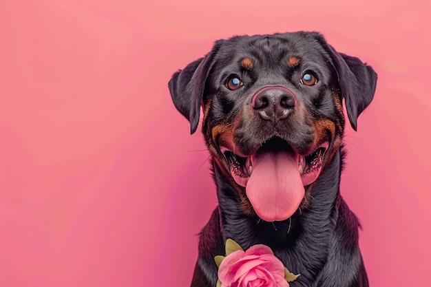 Happy Black Rottweiler Dog with Pink Flower on Collar Posing in Front of a Pastel Pink Background