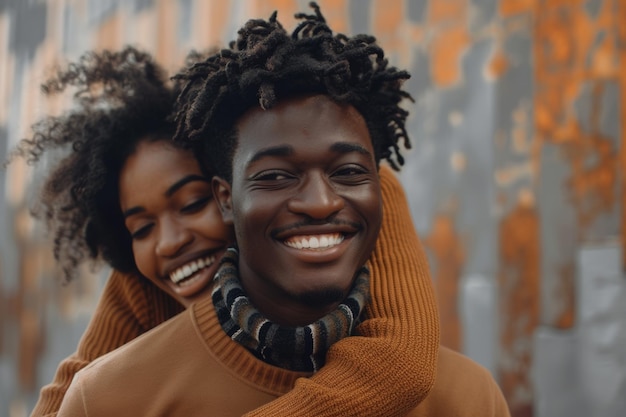 Photo happy black woman in brown sweater piggybacking on a black man evening light minimalistic background