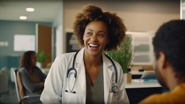 Happy black woman or doctor consulting a patient in meeting in hospital for healthcare feedback or support