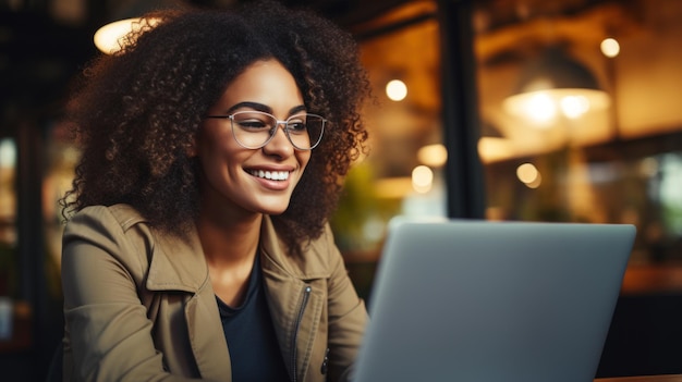 Happy black woman overworking in a office at late evening