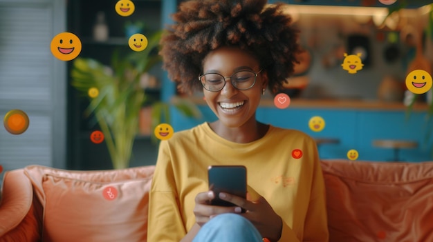 A happy Black woman sits on a couch at home smiling as she uses her smartphone Animated social media icons representing likes comments and smiley faces float around the phone Generative AI