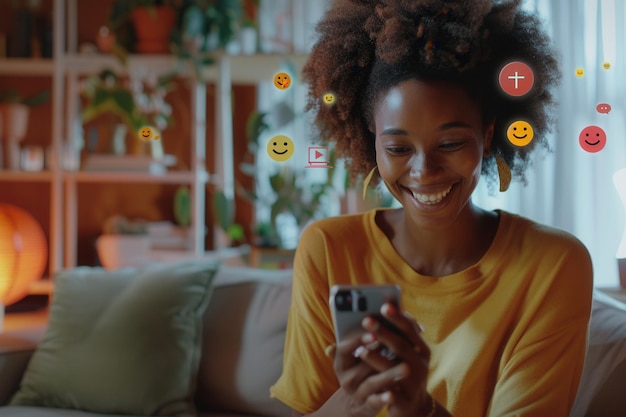 A happy Black woman with curly hair smiles while using her smartphone at home surrounded by 3D digital social media icons Generative AI