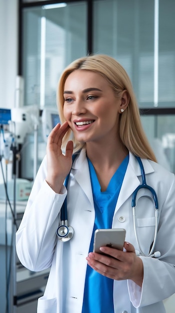 Happy blond female doctor talking on video call through smart phone in hospital