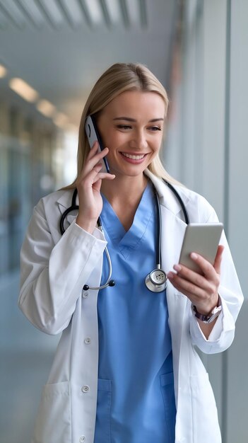 Happy blond female doctor talking on video call through smart phone in hospital