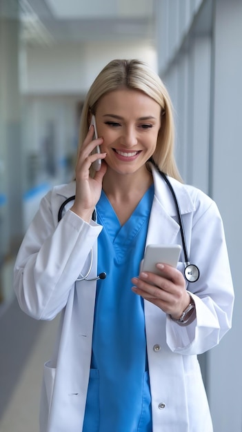 Photo happy blond female doctor talking on video call through smart phone in hospital