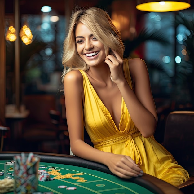 happy blonde girl in yellow dress playing poker