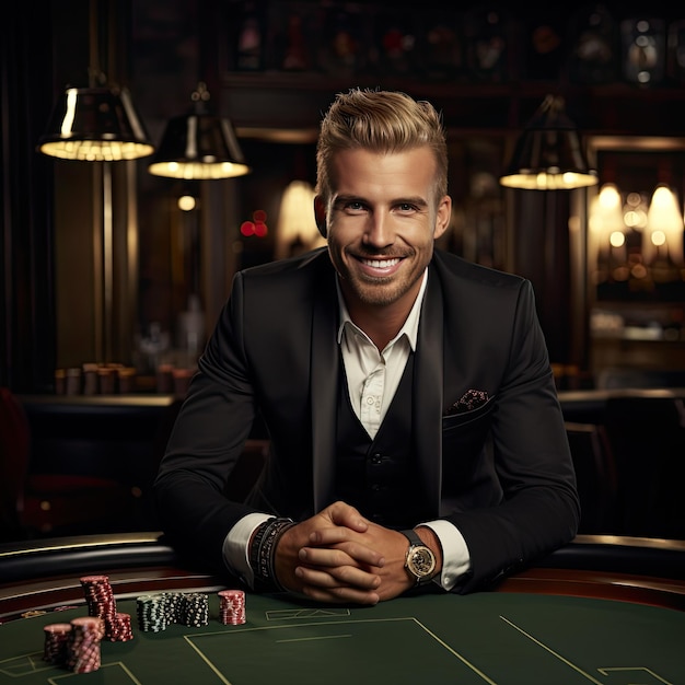 Photo happy blonde man in black suit playing poker