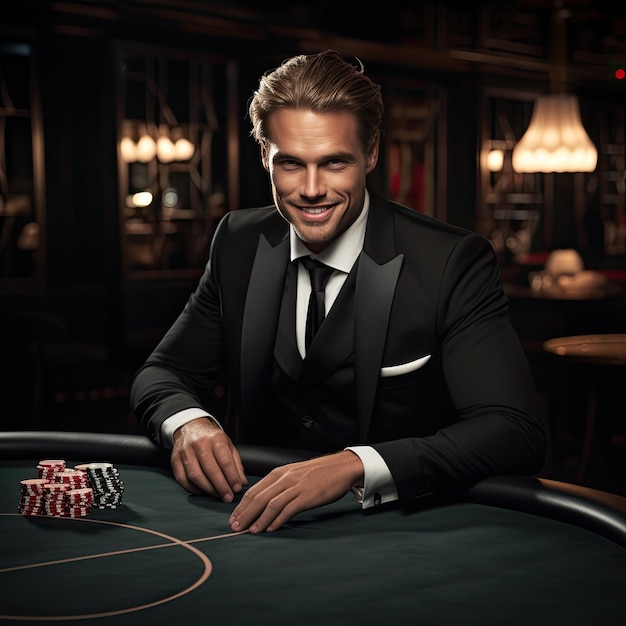 Photo happy blonde man in black suit playing poker