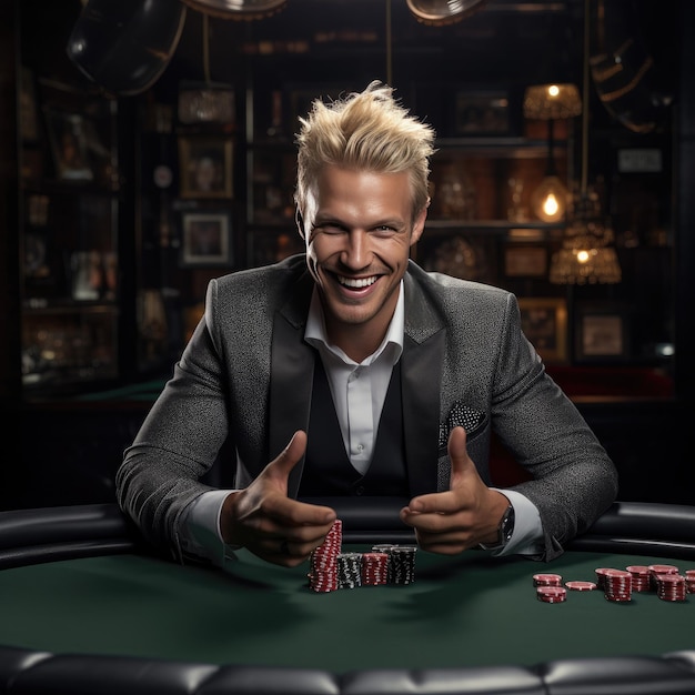 happy blonde man in gray suit playing poker