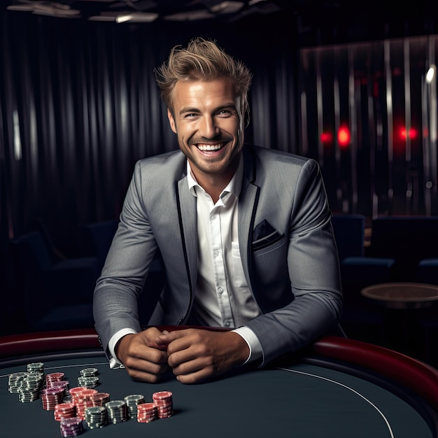 happy blonde man in gray suit playing poker