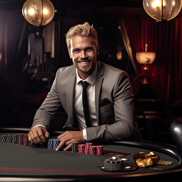 Photo happy blonde man in gray suit playing poker