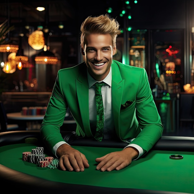 happy blonde man in green suit playing poker