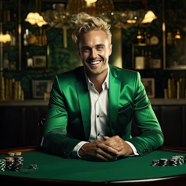 Photo happy blonde man in green suit playing poker