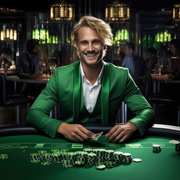 happy blonde man in green suit playing poker