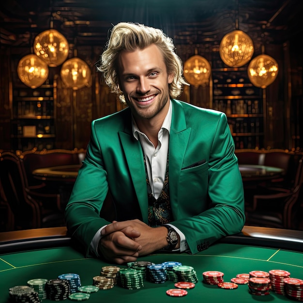 happy blonde man in green suit playing poker