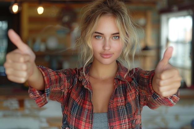 Photo happy blonde woman in casual clothes pointing at camera with positive vibes and fun expression