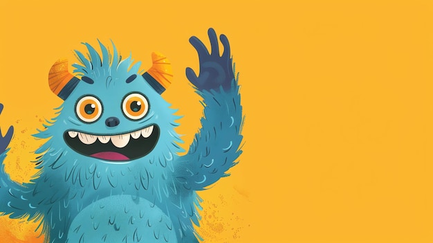 Happy blue monster with big smile and horns on a yellow background