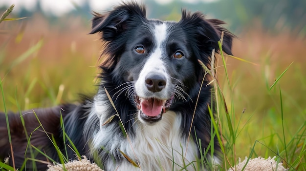 Happy Border Collie Dog With Vibrant Eyes Lying in the Grass Field Looking at Camera