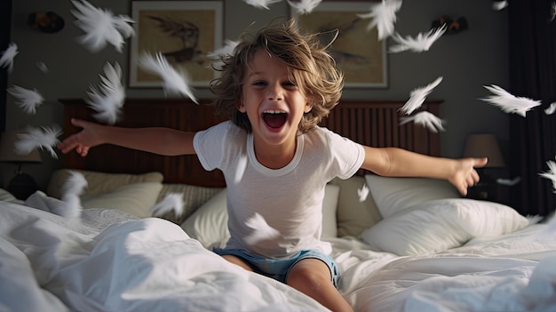 happy boy in bed enjoy with feather pillow flying everywhere