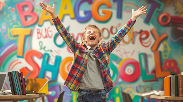 Photo happy boy celebrating back to school in a colorful classroom