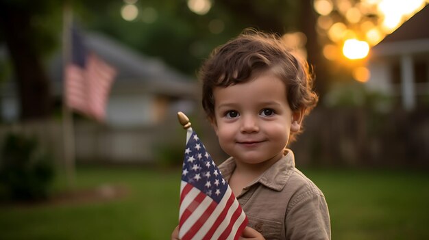 Happy boy celebrating independence day holding american flagCreated with Generative AI technology