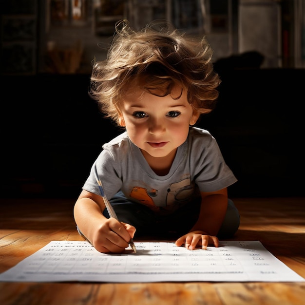 Happy boy drawing with crayons