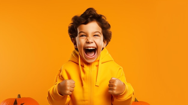 Happy boy dressed for Halloween standing in front of isolated orange background