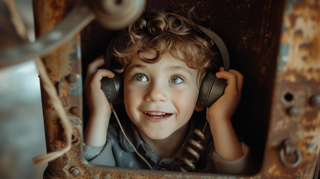 Happy boy enjoying playing with obsolete classic telephone generative AI image