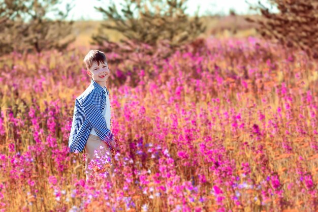 Happy boy in a field with bright flowers. A field with pink flowers. boy picks flowers in the field