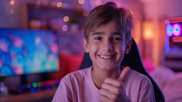 Happy Boy Gamer Giving Thumbs Up in Front of Computer