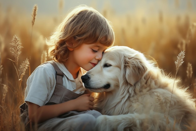 A happy boy gives a sweet kiss to a dog in a big grassy field Generative Ai